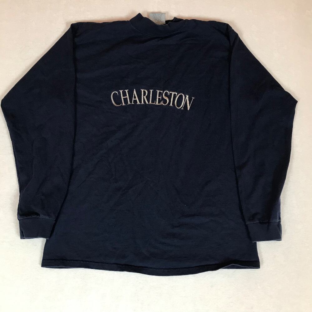 Vintage 80s Made in USA Mock Neck Preppy Charleston Navy Blue Cotton Shirt